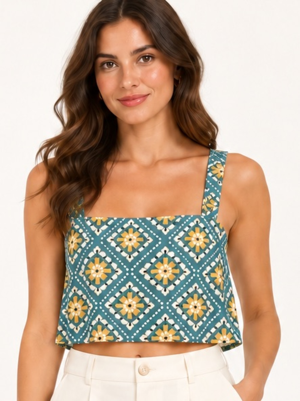 O’Neil Teal Floral Tile Print Crop Tank Top